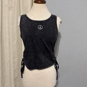 Social Scene Peace Sign Black Mineral Wash Boho Side Drawstrings Top Y2K XL